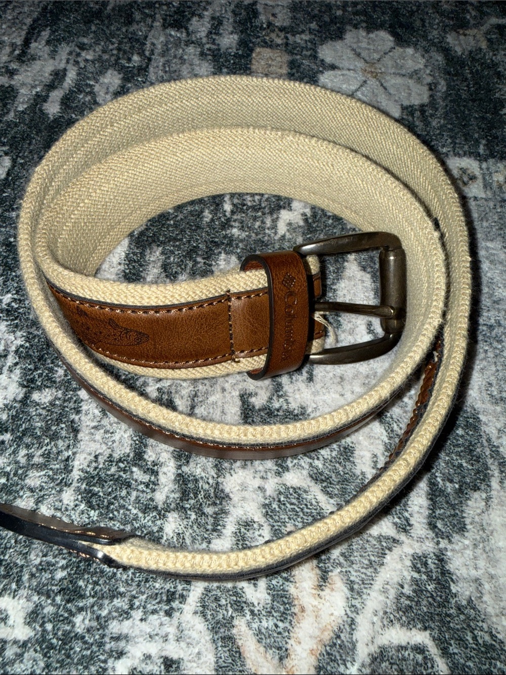 Columbia Fishing Canvas & Leather Men's Belt - Cream with Brown Trim and Fish
